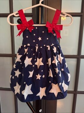 Jessica Ann Navy Star Print Dress with Red Bow Straps with bloomers